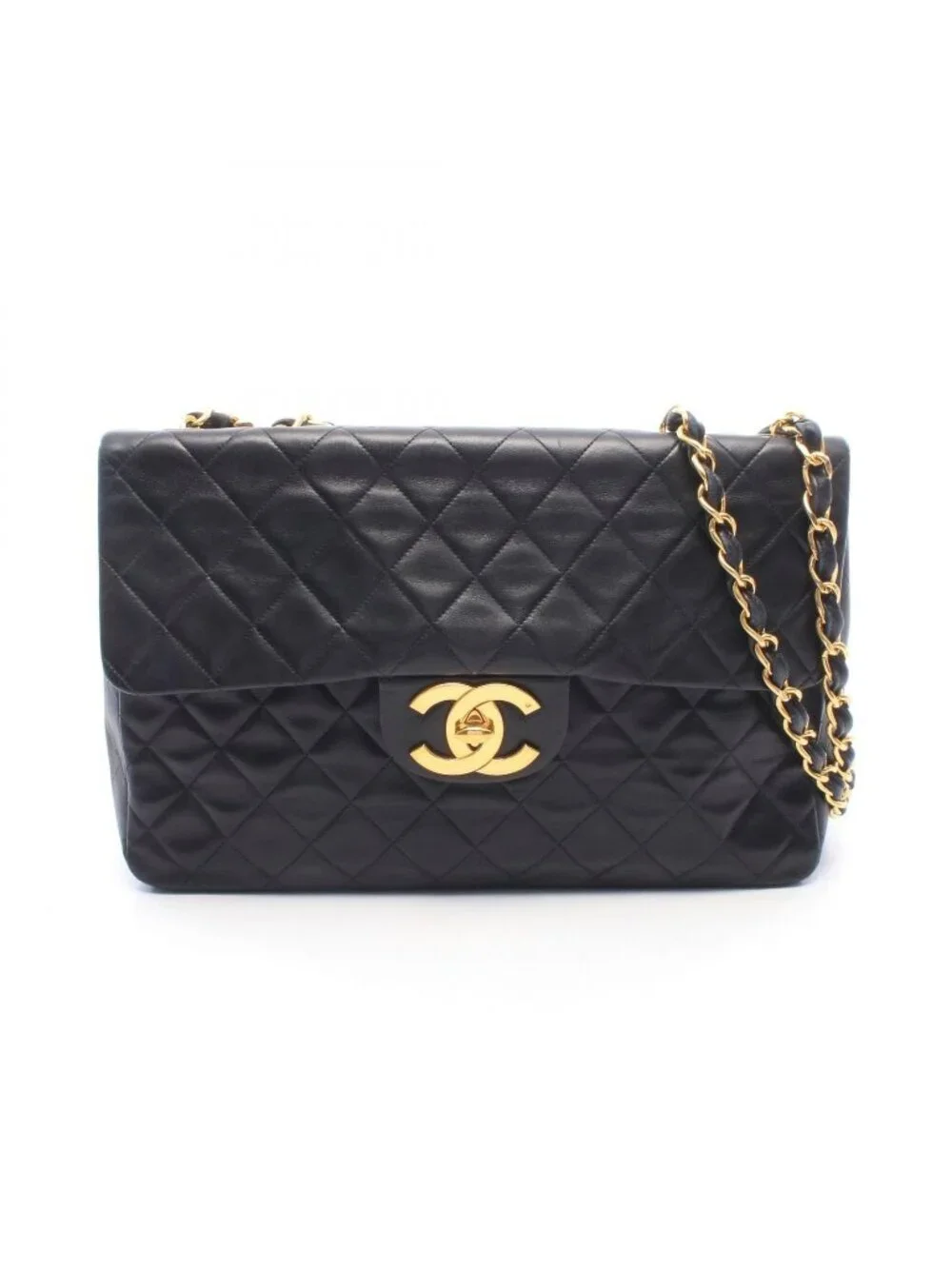 Chanel Shoulder Bag Maxi Quilted 34 Black Lambskin Chain